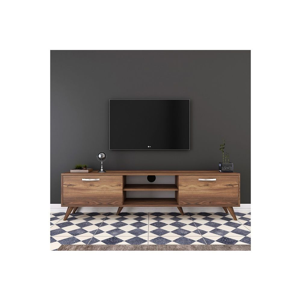 Mueble de TV en Nogal con 2 Cajones y Estantes - 180x35x48.5 cm con Patas de Madera.