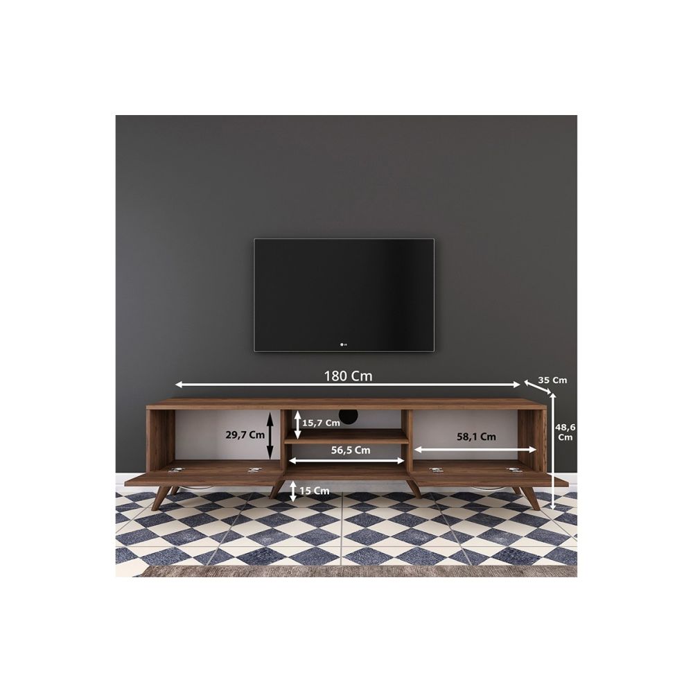 Mueble de TV en Nogal con 2 Cajones y Estantes - 180x35x48.5 cm con Patas de Madera.