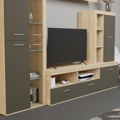Mueble de Salón Moderno con Leds, Acabado en Cambria, 260x191 cm