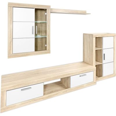 Mueble de salón y TV Moderno con Leds Color Cambria, cambria y blanco módulo de comedor