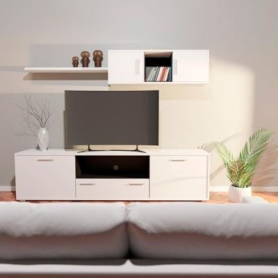 Mueble de salón y TV Composición para salón 200 Cm, blanco gran espacio almacenamiento
