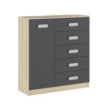 Cómoda Grande para Dormitorio o Salón – Natural y Grafito, 60 x 108 x 60 cm, 1 Puerta y 5 Cajones de Almacenaje.