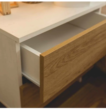 Meyvaser Mesita de noche 2 cajones Color blanco y Natural 52 cm (ancho) x 50 cm (alto) x 34,8 cm (fondo)