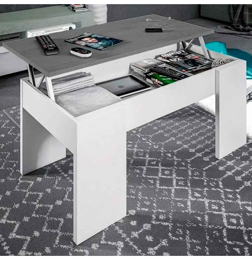 Mesa de Centro Elevable, Medidas: 90 cm x 50 cm x 46-57 cm, Acabado en Color Madera Blanca con Tapa Gris Piedra
