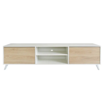 Mueble de TV de Diseño Nórdico, 2 Estantes y 2 Puertas, Cambria - Blanco, 49cm (Al)x 180cm (Anc) x 40cm (Fon)