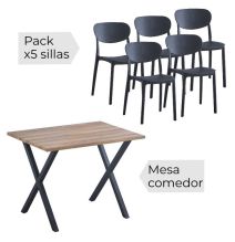 Conjunto Mesa y Sillas Comedor/Cocina: Mesa madera y Patas Metálicas En Negro (76x100x70 Cm) + 5 Sillas (80x40x55 Cm)