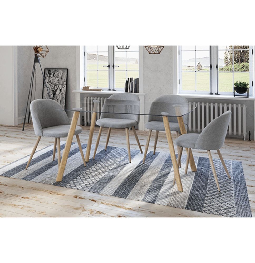 Mesa de Comedor Nórdica | Diseño con Tapa de Cristal Transparente y Patas de Metal Color Roble | Dimensiones: 140 x 80 x 76 cm