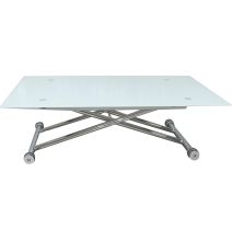 Mesa de Centro Elevable, Cristal de 8 mm y Estructura con Ruedas - Tapa Color Blanco, Mueble Moderno - Medidas 120x70x40-75 cm