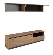 Mueble de TV de Diseño + Modulo Alto de Almacenamiento y 2 Puertas,Roble y Gris 85 cm(Alto) x 200cm (Ancho) x 40cm (Fondo)