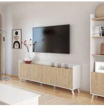 Aparador, Mueble Tv, Salón Comedor 4 Puertas, Armario Auxiliar Color Blanco y Roble, Medidas: 180x63x33,5 Cm