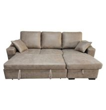 Sofá Cama 3 Plazas Reversible con Chaiselongue y Almacenaje, Tapizado en Tela Piedra, 229x93x153 cm