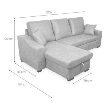 Sofá Cama 3 Plazas Reversible con Chaiselongue y Almacenaje, Tapizado en Tela Piedra, 229x93x153 cm