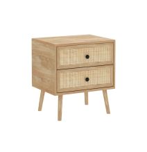 Mesita de Noche de Tablero Aglomerado y Ratán, 50x39x55 cm, 2 Cajones, Estilo Natural