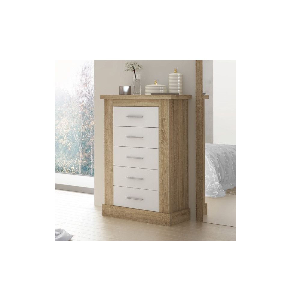 Cómoda, Sinfonier 5 Cajones, Acabado en Blanco y Cambrian, Medidas: 66 cm (Ancho) x 107 cm (Alto) x 39,6 cm de (Fondo)